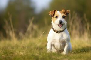 AI generated Happy jack russell terrier pet dog waiting, listening in the grass. AI Generated photo