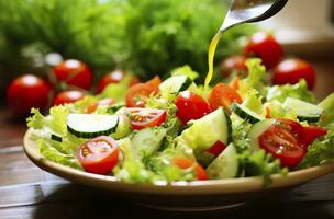 AI generated health benefits of healthy salad, in the style of precise detailing, smooth and shiny. AI Generated photo