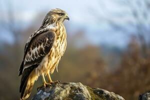 AI generated Hawk sitting on rock looking for prey. AI Generated photo