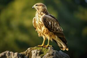 AI generated Hawk sitting on rock looking for prey. AI Generated photo