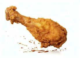 AI generated Fried chicken leg falling in the air isolated on a white background. AI Generated. photo