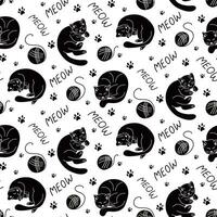 Black and white seamless pattern with lying hand drawn cats. Vector isolated pets in flat cartoon minimalistic style. Trendy kids pattern design on white background. Ideal for textile, wrapping paper