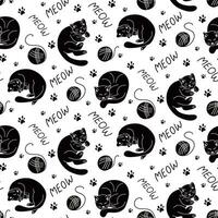 Black and white seamless pattern with lying hand drawn cats. Vector isolated pets in flat cartoon minimalistic style. Trendy kids pattern design on white background. Ideal for textile, wrapping paper