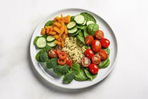 ai generado ensalada con quinua, espinaca, brócoli, Tomates, pepinos y zanahorias. ai generado foto