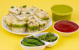 Sandwich Dhokla or Sandwich Khaman is an Indian Popular Snack photo