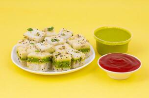 Sandwich Dhokla or Sandwich Khaman is an Indian Popular Snack photo