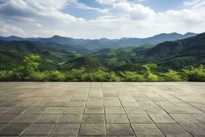AI generated Square floor and green mountain nature landscape. AI Generated. photo