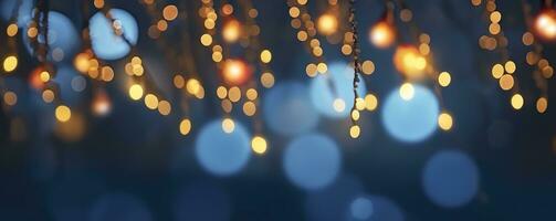 AI generated holiday illumination and decoration concept, Christmas garland bokeh lights over dark blue background. AI Generated photo