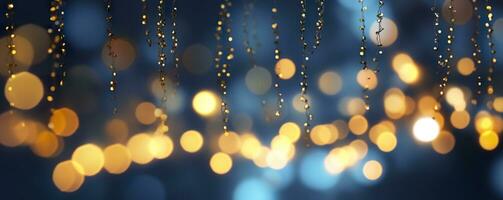 AI generated holiday illumination and decoration concept, Christmas garland bokeh lights over dark blue background. AI Generated photo