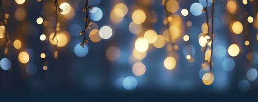 AI generated holiday illumination and decoration concept, Christmas garland bokeh lights over dark blue background. AI Generated photo