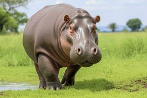 AI generated Hippopotamus Walking in a green field. AI Generated photo