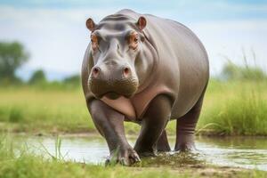 AI generated Hippopotamus Walking in a green field. AI Generated photo