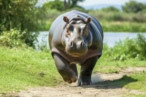 AI generated Hippopotamus Walking in a green field. AI Generated photo