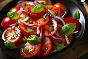 AI generated Healthy tomato salad with onion basil olive oil and balsamic vinegar. AI Generated photo