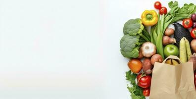 AI generated Healthy food in paper bag vegetables and fruits on white background. AI Generated photo