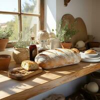 AI generated Fresh bread on wooden table. Created with Generative AI photo