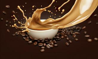 AI generated hot liquid coffee splash with Coffee Bean falling, 3d illustration. AI Generated photo