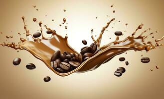 AI generated hot liquid coffee splash with Coffee Bean falling, 3d illustration. AI Generated photo