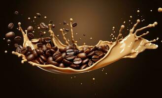 AI generated hot liquid coffee splash with Coffee Bean falling, 3d illustration. AI Generated photo