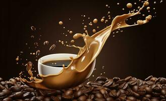 AI generated hot liquid coffee splash with Coffee Bean falling, 3d illustration. AI Generated photo