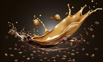 AI generated hot liquid coffee splash with Coffee Bean falling, 3d illustration. AI Generated photo