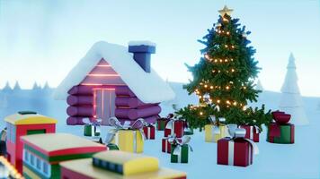 3d obra de arte ,Navidad árbol decoración con luz, vaso pelota y rojo adornos en antecedentes bokeh de lado parpadeando ligero bombillas guirnaldas para familia invierno día festivo. 8k resolución foto