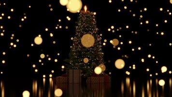 3d animazione ,Natale albero decorazione con luce, bicchiere palla e rosso ornamenti su sfondo bokeh di lato tremolante leggero bulbi ghirlande per famiglia inverno vacanza. 4k video ciclo continuo sfondo