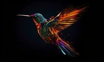 AI generated hummingbird logo with multiple colors flying through the air.  AI Generated photo