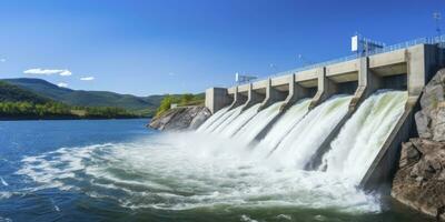 ai generado hidroeléctrico represa generando verde energía desde fluido agua. ai generado. foto