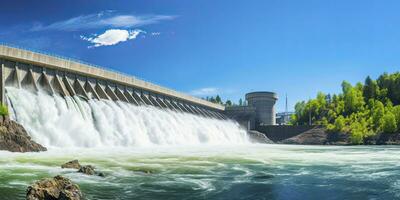 AI generated Hydroelectric dam generating green energy from flowing water.   AI Generated. photo