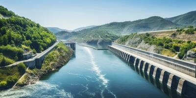 ai generado hidroeléctrico represa generando verde energía desde fluido agua. ai generado. foto