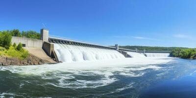 ai generado hidroeléctrico represa generando verde energía desde fluido agua. ai generado. foto