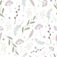 Pastel colored botanical seamless pattern. Flowers, leaves and branches on white background. Vector illustration