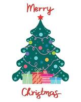 Merry Christmas greeting card with Christmas tree and handwriting. Hand drawn lettering. Vector illustration