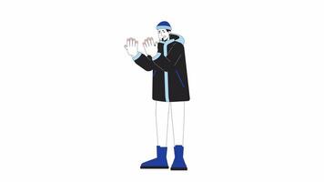 Winter Oberbekleidung Mann Erfrierung Finger Linie Karikatur Animation. Verletzung kalt 4k Video Bewegung Grafik. kaukasisch Kerl Leiden von Frostnip 2d linear animiert Charakter isoliert auf Weiß Hintergrund