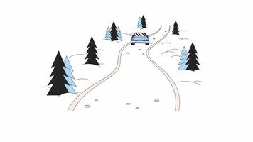 Fahrt im Schnee Schneesturm Wald Linie Karikatur Animation. nicht städtisch 4k Video Bewegung Grafik. gefährlich Straße Eis. Auto auf rutschig Straße eisig Bedingung 2d linear animiert Objekt isoliert auf Weiß Hintergrund