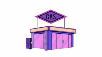 Gas station building exterior line 2D object animation. Silhouettes inside convenience store flat color cartoon 4K video, alpha channel. Refueling service, mini mart animated item on white background video