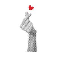 Halftone effect, korean symbol hand with red heart. Message of love hand gesture vector