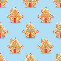 Seamless pattern with gingerbread house shaped gingerbread cookies with decorations. Christmas sweets and treats.Print design for textile, fabric, wrapping paper vector