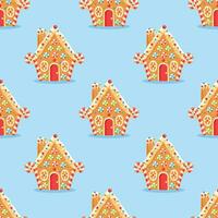 Seamless pattern with gingerbread house shaped gingerbread cookies with decorations. Christmas sweets and treats.Print design for textile, fabric, wrapping paper vector