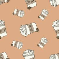 Seamless pattern with takeaway paper coffee cups  on brown background. For wrapping paper, wallpaper, textile vector