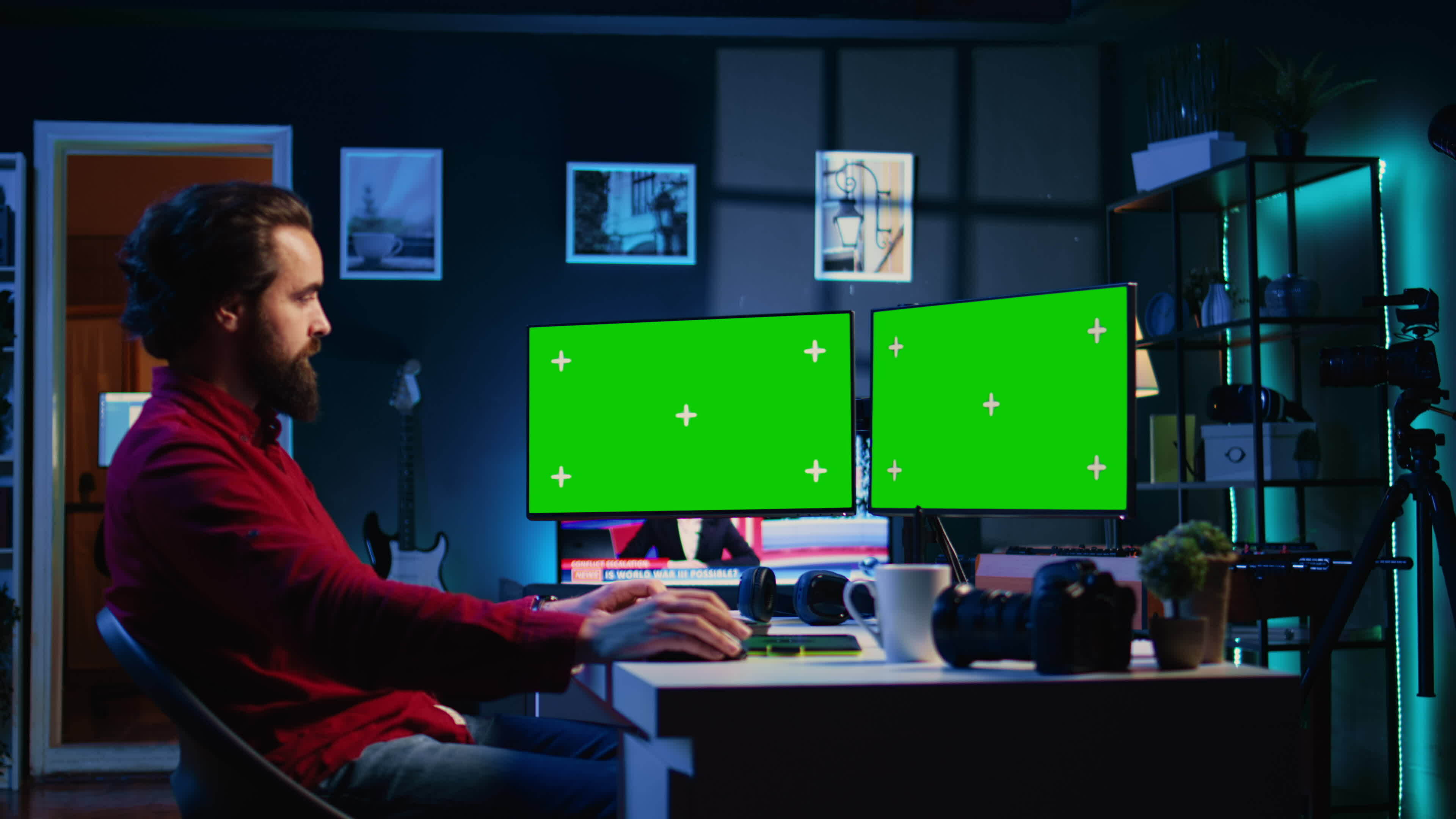 Freelancer working on mockup multi monitors setup for digital portfolio