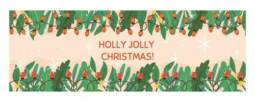 Christmas horizontal banner template with copy space. Horizontal flyer decorated with spruce plants branches, garland with lights, snow and snowflakes vector