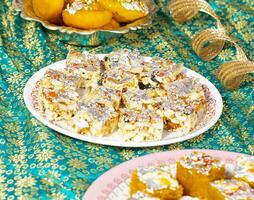 Indian Popular Sweet Food Sugar Free Dry Fruits with Mung Dal Chakki or Chandrakala photo