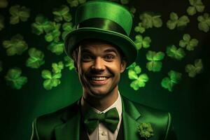 AI generated Portrait of a happy leprechaun with clover leaves. St. Patrick's Day. photo