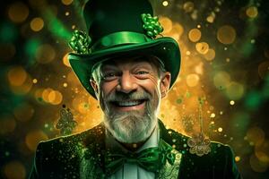 AI generated Portrait of a happy leprechaun with clover leaves. St. Patrick's Day. photo