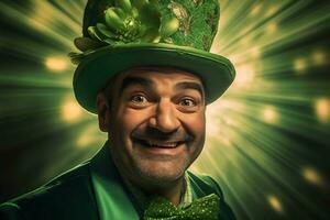 AI generated Portrait of a happy leprechaun with clover leaves. St. Patrick's Day. photo