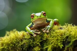 AI generated Green tree frog sitting on moss in the rainforest. Wildlife scene from nature. photo