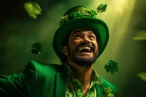 AI generated Portrait of a happy leprechaun with clover leaves. St. Patrick's Day. photo