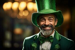 AI generated Portrait of a happy leprechaun with clover leaves. St. Patrick's Day. photo